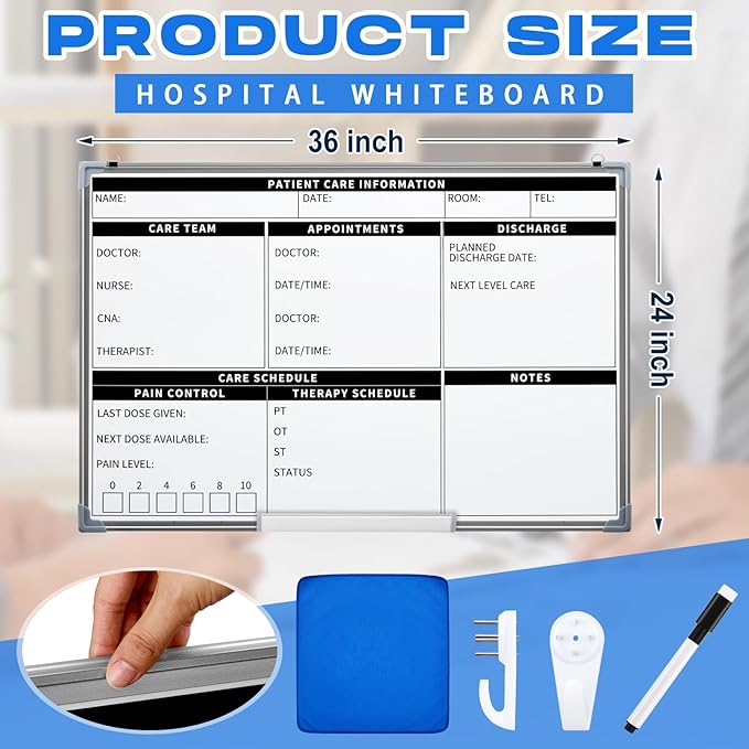Lincia Patient Care Dry Erase Whiteboard, Magnetic Dry Erase Board with Lines Sliding Marker Tray, 36"X24" Aluminum Frame White Board Planner for Wall Patient Bedside Recording & Display