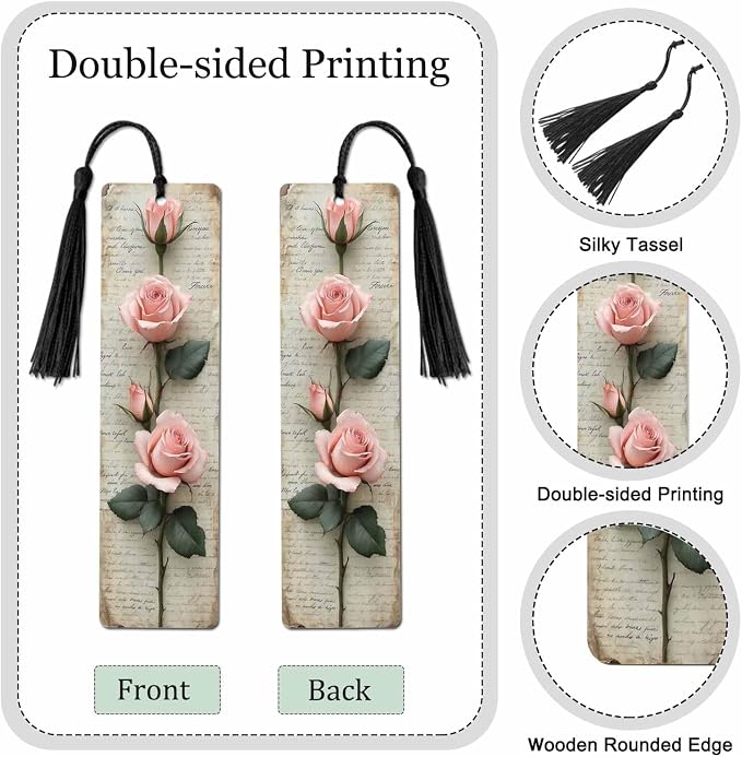 Pink Rose Bookmarks 5 Pcs Vintage Paper Romantic Flower Branches Wooden Bookmark with Tassels for Reading Book Lovers Gift Office School Readers Teacher