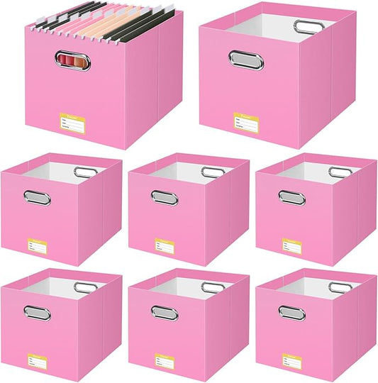 BALEINE File Organizer Box, Cardboard File Folder Organizer with Handle for Letter Size, Portable Collapsible Hanging Filing Box for Home Office Document Storage (8 Pack, Large Pink)