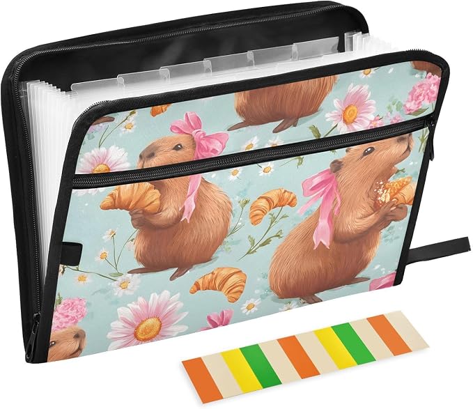 Expanding File Folder Bow Capybara Accordion File Organizer 13 Pockets Document Organizer with Zipper Labels A4 Letter Office Storage