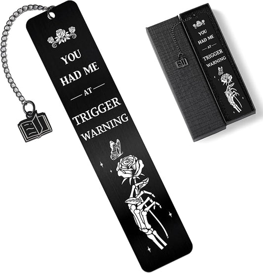 Dark Romance Bookmark Gift for Women, Gothic Book Merch Metal Black Bookmark with Rose Skeleton Hand Charm, Reading List Accessory for Book Lovers, Gift with Box