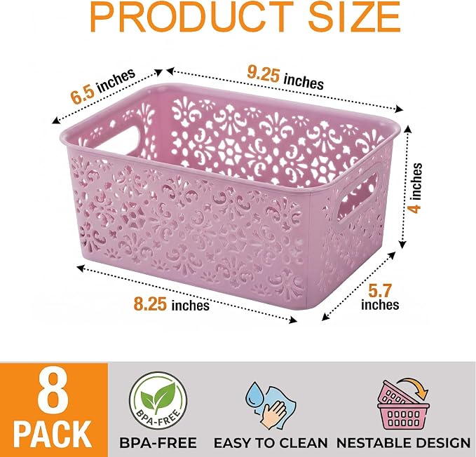 Frcctre 8 Pack Plastic Storage Baskets, Portable Small Pantry Organizer Baskets Bins with Handle, Stackable Household Organizers Nursery Basket for Home, Kitchen Cabinet Countertop Bedroom Bathroom
