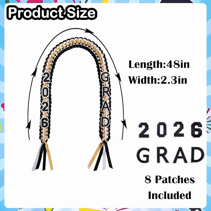 Graduation Leis 2026 Money Ribbon Leis for Graduation Class of 2026 Braided 48inch Graduation Necklace for High School,College Graduation Party Gifts,Black,White and Gold