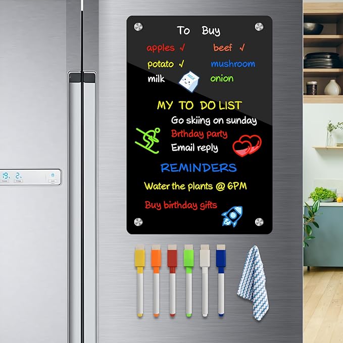 JonXon 8"x12" Acrylic Magnetic Dry Erase Board for Fridge, Clear Acrylic Magnet Calendar for Refrigerator,Includes 6 Magnetic Dry Erase Markers(Black Blank)