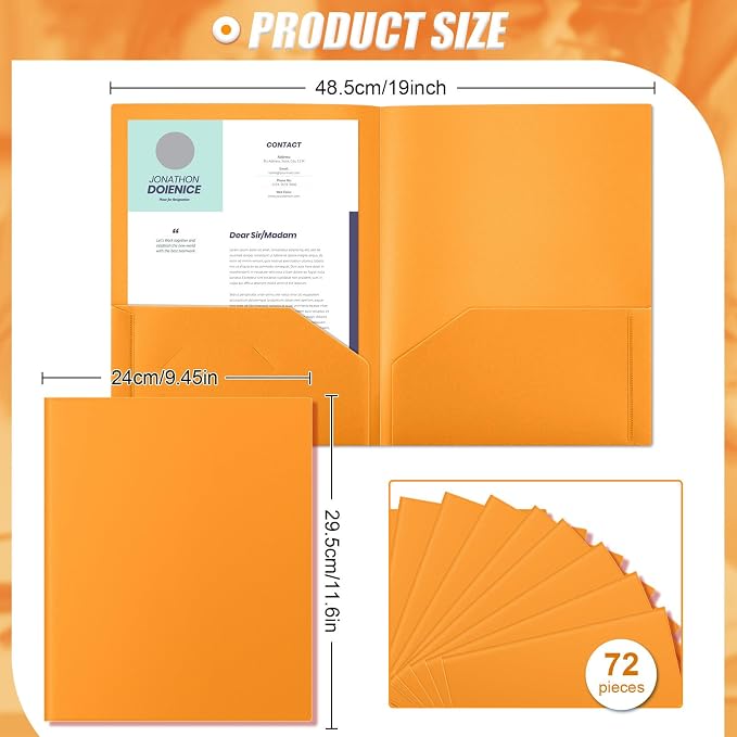 Gueevin 72 Pack Plastic Folder with Pockets, 2 Pocket Folders, Plastic Glossy Folders Fit Letter Size Paper, Heavy Duty Durable File Folder with Business Card for Home Office School (Orange)