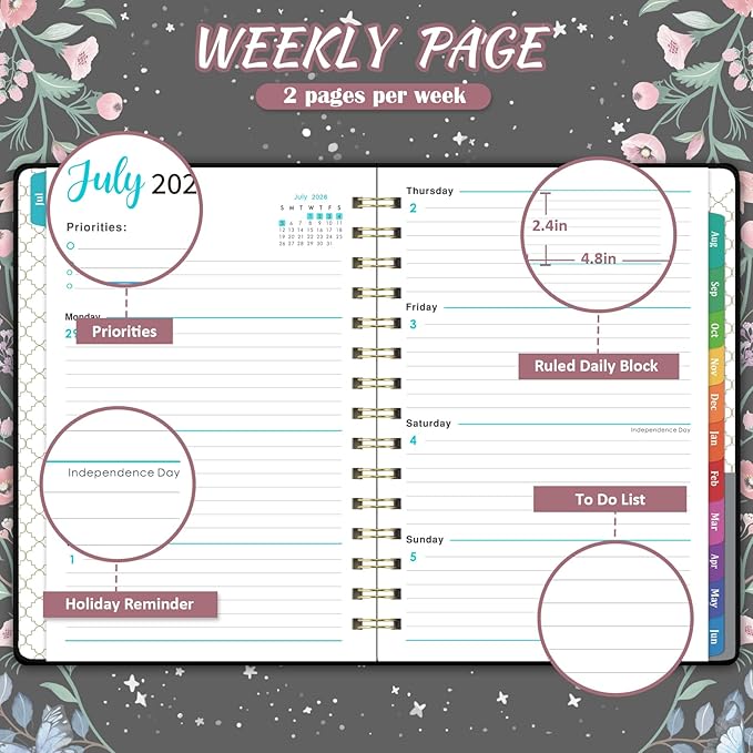 Planner 2026-2027 - 2026-2027 Planner Weekly and Monthly with Tabs, Jul. 2026 - Jun. 2027, 6.3" x 8.4", Planners 2026-2027 with Back Pocket + Thick Paper + Twin-Wire Binding - Moon