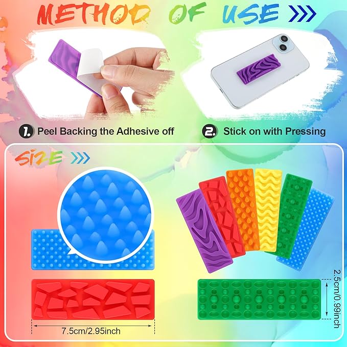Ireer 6 Pcs Textured Sensory Stickers Silicone Calm Stickers Thick Sensory Strips Different Textures Mental Health Desk Fidget Decals for Anxiety Relief, Autism, ADHD Desk Gift