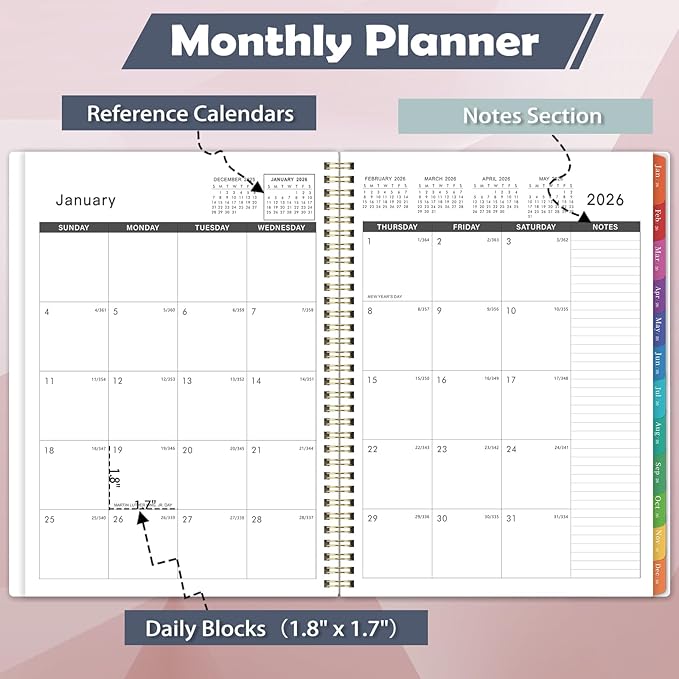 2026 Monthly Planner - Large Monthly Planner 2026, JAN. 2026 - DEC. 2026, 9" x 11", Tabs & Note Pages, Spiral Binding, Thick Paper, Back Pocket