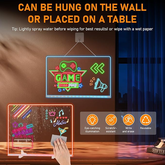 LED Note Board with Colors, 13.8"X10" 4 Modes & 7 Colors Rewritable LED Acrylic Drawing Board, Holiday Trend Gift, for Schools, Home Offices
