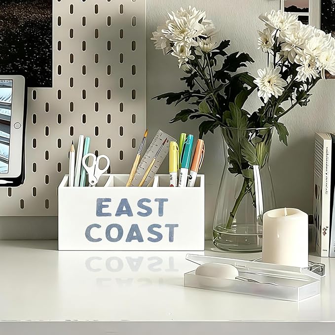 Blue Coastal Beach Pen Pencil Holder for Desk, Beach Office Decor, East Coast Coastal Cowgirl Beachy Wooden Box Sign Decorations for Girly Room Bedroom Dorm Office Desk Tabletop