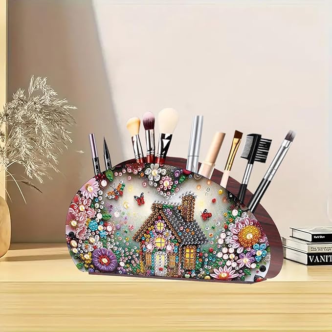 Remote Control Holder with 4 Compartments, DIY Diamond Art Painting Wooden Half Moon TV Control Holder for Remote Controllers, Office Supplies, Makeup Brush, Media Accessories-Wooden House
