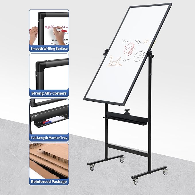 40" x 28" Double-Sided Mobile Whiteboard with Wheels | Rolling Magnetic Dry Erase Board on Stand | Adjustable Height Black Frame White Board for Office, Classroom & Home