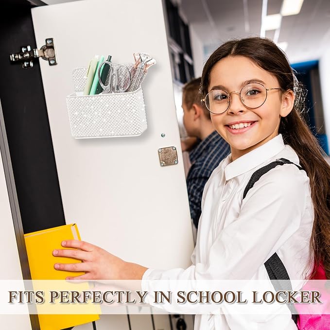 MotiMind White Locker Accessories for Girls, Bling Magnetic Pen Holder for Refrigerator, Back to School Rhinestone Marker Holder for Locker, Sparkly Gift for Student (Medium,Pearl)