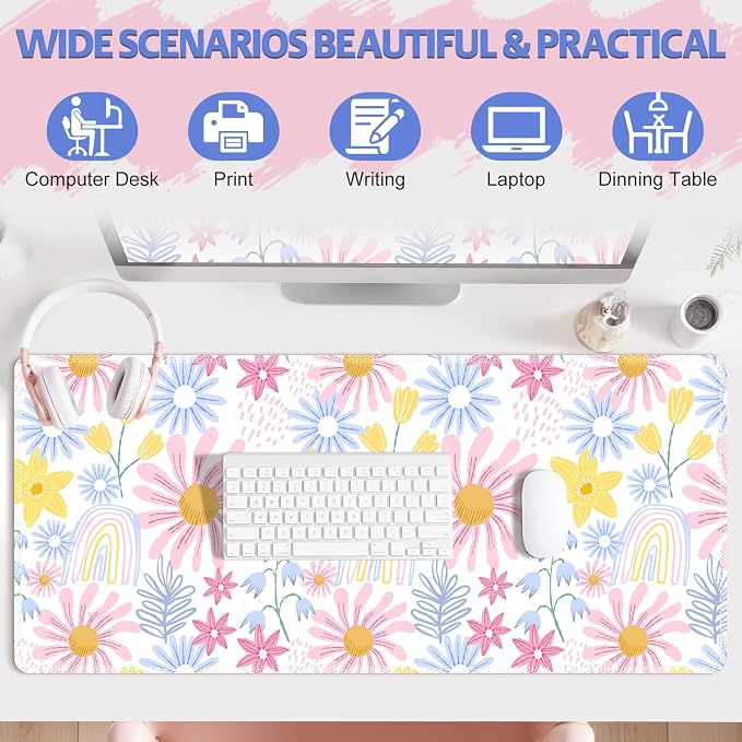 Lovely Desk Pad Mouse Pad, Large Gaming Mouse Mat with Stitched Edges, Non-Slip Waterproof Rubber Base Mous Mat for Office Computer Keyboard Laptop Home Decor Women (35.4X17.5 in), Pink Wildflower