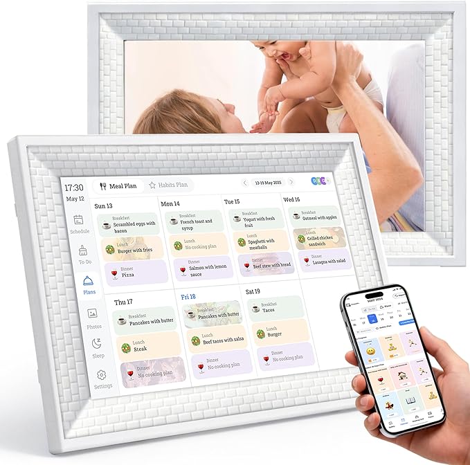 10.1" Smart Digital Calendar Display - WiFi Family Command Center & Chore Chart, Syncs Apple/Outlook/Google Calendar, Touch Screen Daily Planner, No Subscription (White Grid)