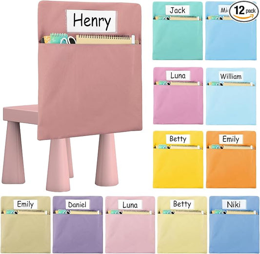 gisgfim 12 Pcs Chair Pockets for Classroom 17 x 20 Inch s with Name Tag for Classroom Chairback Pouch Bag Organizer for Student Elementary School Daycare Supply (Pastel)