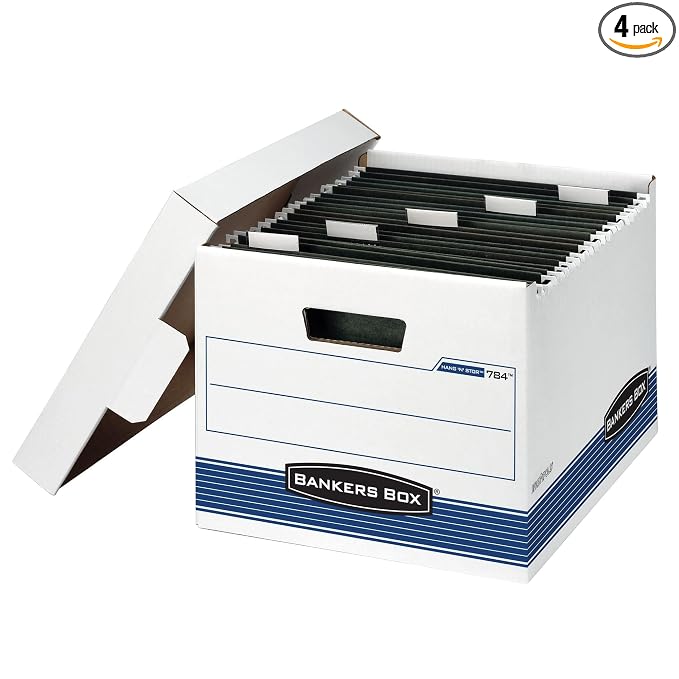 Bankers Box 4 Pack HANG'N'STOR Medium-Duty File Storage Boxes, FastFold, Lift-Off Lid, Letter, White/Blue