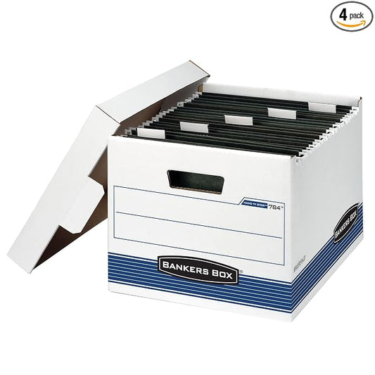 Bankers Box 4 Pack HANG'N'STOR Medium-Duty File Storage Boxes, FastFold, Lift-Off Lid, Letter, White/Blue