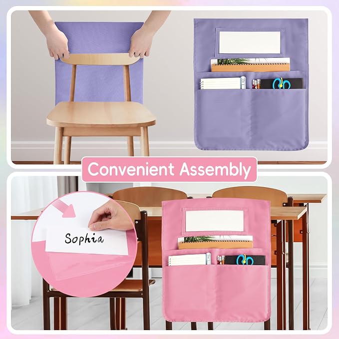 gisgfim 24 Pcs Chair Pockets for Classroom 16.7 x 19.3 Inch s with Name Tag Chairback 3 Pockets Chairs Seat Back Organizer for Elementary School Daycare Home Supply (Pastel Pink)
