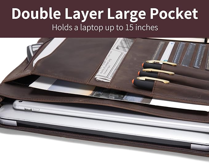 Genuine Leather 3 Ring Binder Portfolio, 8.5 x 14 Legal Size Pad Holder, Hidden Handle, Zippered Padfolio with 15” Laptop Organizer, Professional Business Folio for Men Women, Dark Khaki