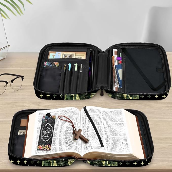 Camo American Flag Religious Christianity Cross Bible Cover Case Carrying Book Protector Case Bible Study Supplies Accessories Holder Case Christian Gift for Women Men