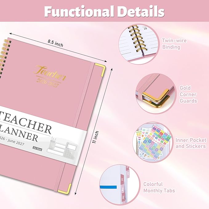 Teacher Planner 2026-2027, Jul 2026-Jun 2027 Academic Year, 8.5" x 11" Lesson Planner Book for Teachers Calendar, Spiral Bound Planners, Colorful Monthly Tabs, Hardcover, Corner Protectors - Pink