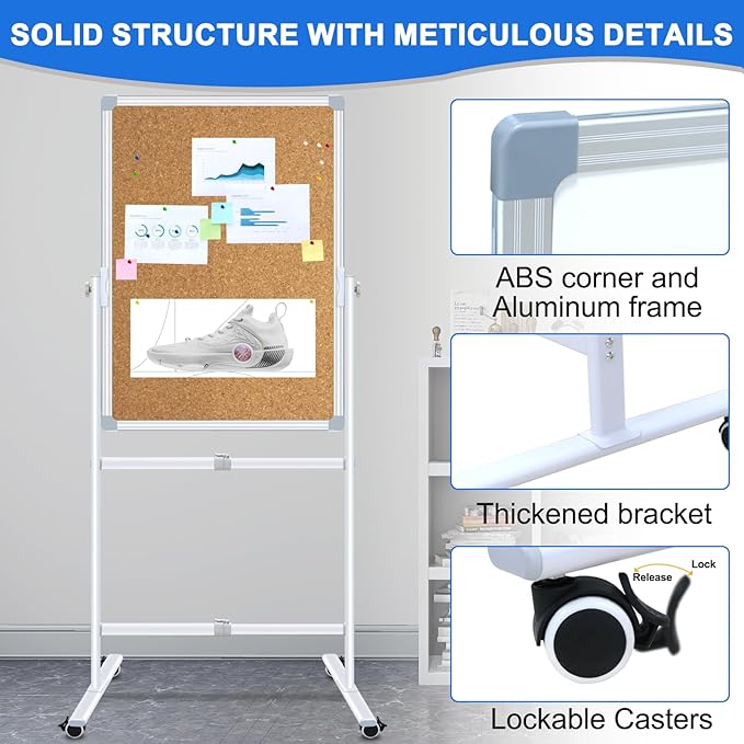 Max-officoo 30"x40" Double Sided Whiteboard & Cork Board on Wheels Adjustable Height & Angle Mobile Magnetic Dry Erase Board with Rolling Stand