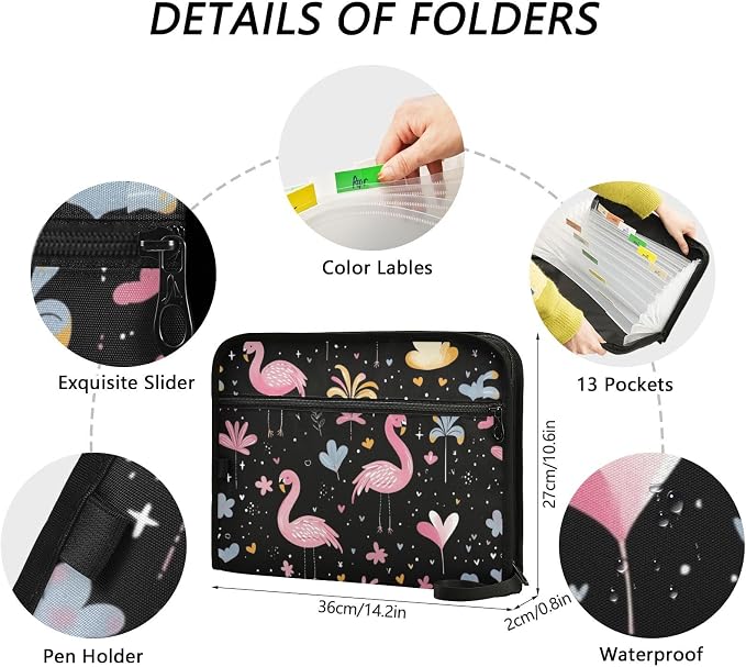 Pink Flamingo Black File Folders,Plastic Folders with 13 Pockets,Expandable File Folder for Documents School Students Office,Aesthetic Folder with Labels A4 Letter Size