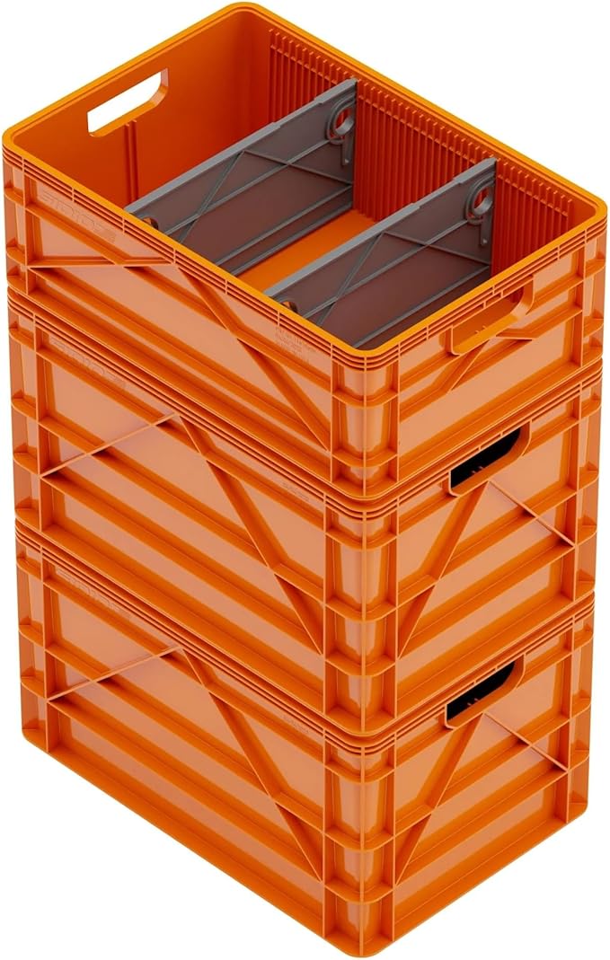 SIDIO Crate Basic Pack - 2 Full-Size & 1 Half-Size Heavy Duty Stackable Storage Bins, Totes and Containers with Dividers - Durable Plastic Organizer for Home, Office, Garage, and Outdoor Use, Orange