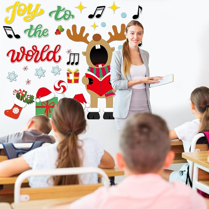 Christmas Deer Music Bulletin Board Door Decorations Xmas Joy to The World Classroom DIY Photo Crafts Singing Elk Snowflake Paper Cutouts Winter Party Favors School Home Chalkboard Door Decor Supplies