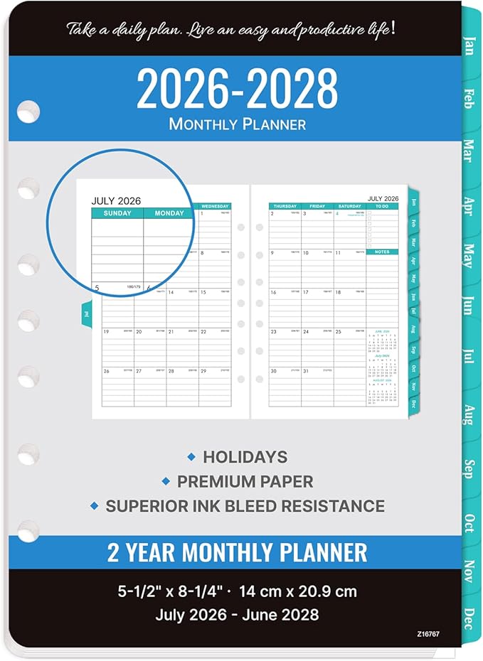 2026-2028 Monthly Planner Refill - Planner Inserts with 7-Hole Punched, 5-1/2" x 8-1/2", Runs from July 2026 to June 2028, Two Pages Per Month, Monthly Calendar with Monthly Tabs