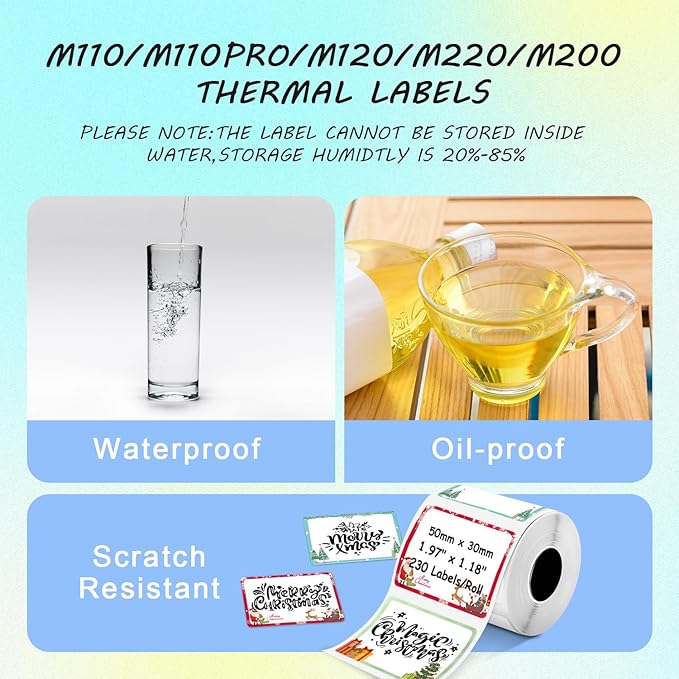 Thermal Labels Christmas Tags for Xmas Compatible with Phomemo M100/M110/M150/M221/M220/M120/M200/M250 Label Printer,1.97"x1.18"(50x30mm), 230 Labels/Roll, Black on Christmas Pattern