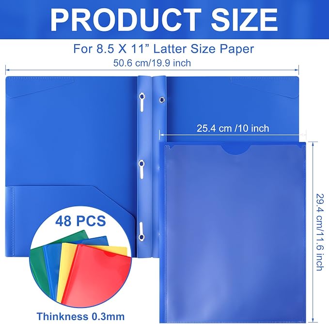 Tenceur 48 Pack Plastic Folders with 3 Prongs Bulk Heavy Duty Folders with Clear Front Pockets and Card Slots with Fasteners Fit Letter-Size Papers for Work School Office (Classic Colors)