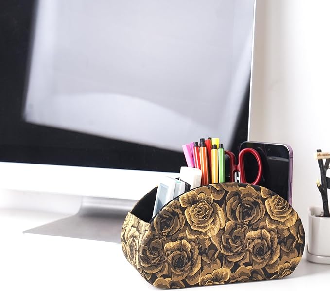 Remote Control Holder, PU Leather Remote Caddy Desktop Organizer with 5 Spacious Compartments for TV Remotes/Media Controllers/Office Supplies (1-3D Rose Yellow