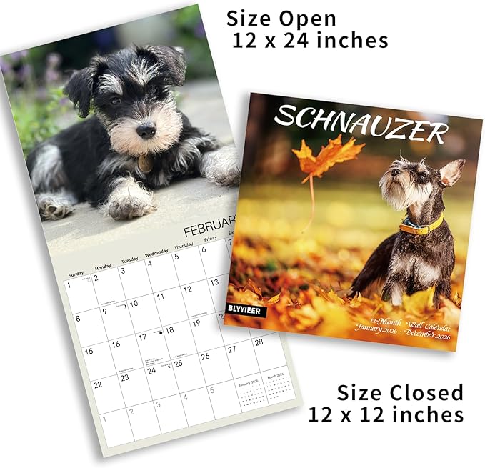 2026 Wall Calendar,Schnauzer Wall Calendar, 12" x 24" Open,Family Planner Calendar Organizer with Schnauzer Images, for Dogs Lovers