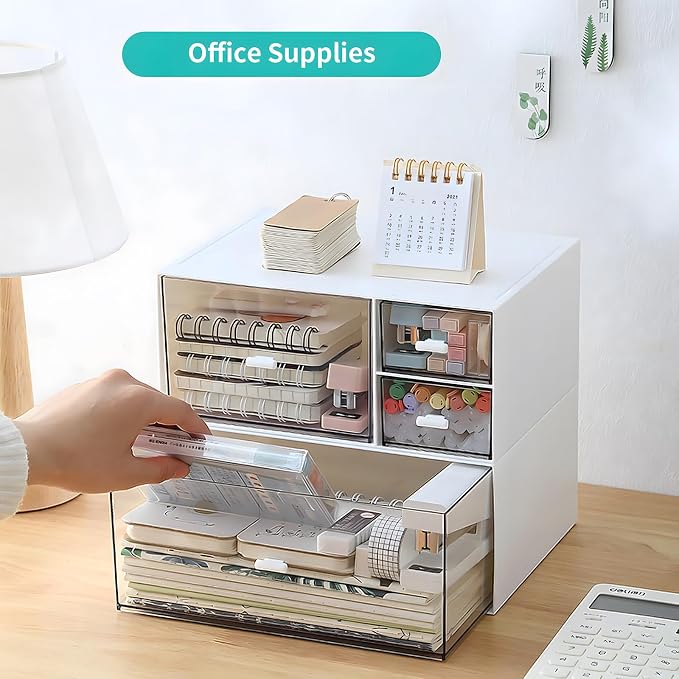 Desk Organizer and Storage with 1 Deep Drawer, Plastic Stackable Desktop Accessories & Workspace Organizer for Office Stationary Bathroom Craft Makeup, White