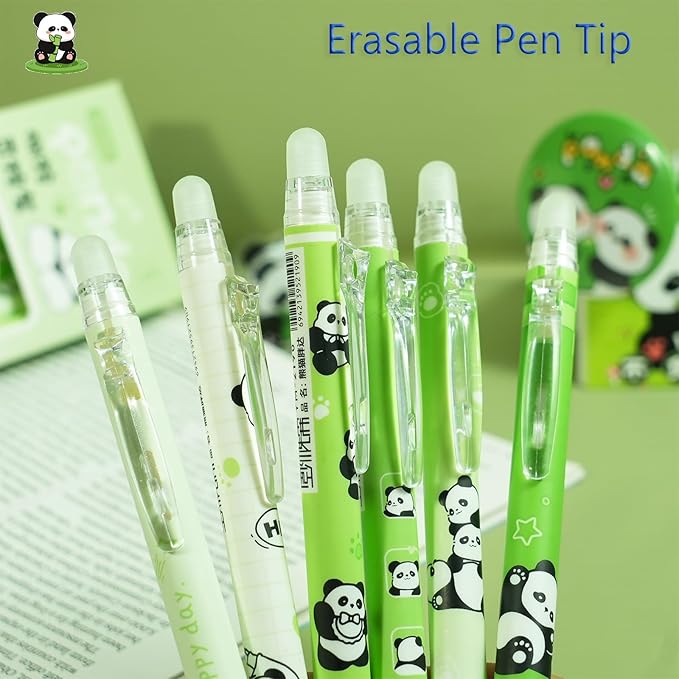 12-Pack Cute Erasable Pens, 0.5mm Fine Tip Blue Ink Retractable Pen, Adorable Capybara Stationery Set, Ideal for Office, School, Women and Men(Blue Ink - Panda)