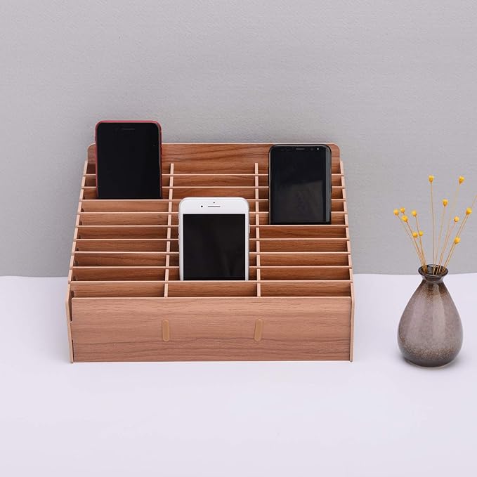 Wooden Cell Phone Organizer Phones Holder Desktop School Office Supplies Multifunctional Assembly Storage Box for Classroom Office Meeting Room Teacher (30 Grid Brown)