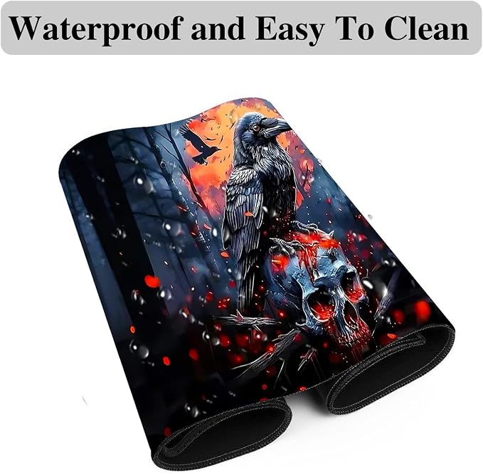 Mouse Pad Gaming Mousepad 31.5x11.8 Inch XXL Large + Coasters,Desk Mat with Stitched Edges, Non-Slip Rubber Base, Thick Mouse Pad for Computer, Laptop, Office & Home - Crow Skull