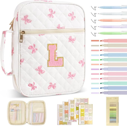 Personalized Initial Bible Cover Case for Women Girls Kid - Large Quilted Bible Case with Handle,Chenille Letter Bag Study Supplies,Christmas Gifts for Christians Birthday Graduation(Pink Bow-L)