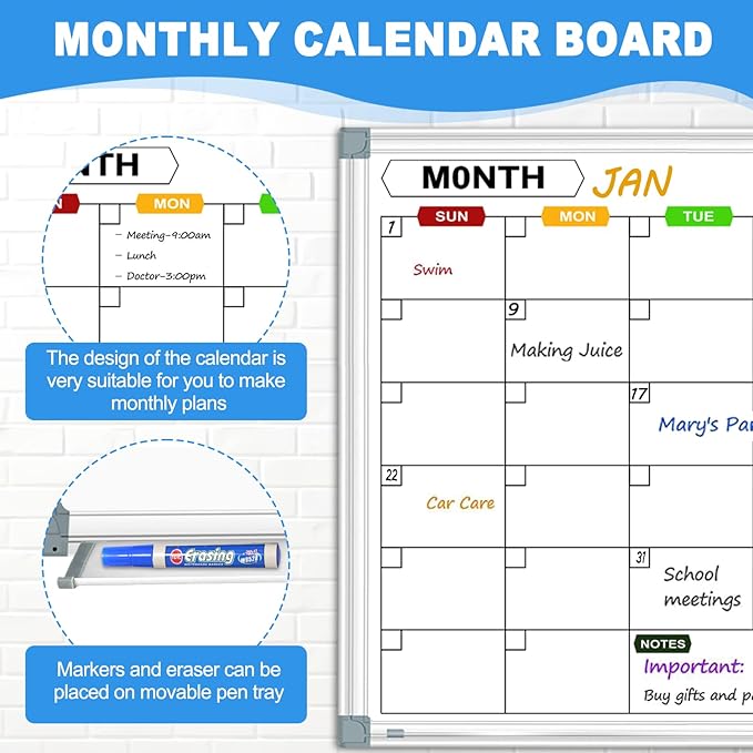 2 Pack Calendar Whiteboard for Wall 36" x 24", Magnetic Dry Erase Board Calendar for Wall, Monthly Wall Mounted White Board with Eraser & Marker & Magnet