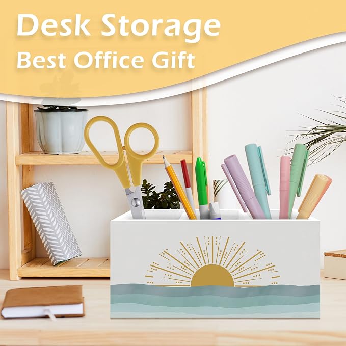 Boho Coastal Beach Pen Pencil Holder, Boho Desk Accessories, Abstract Seaside Sun Sunrise Wooden Pen Pencil Organizer for Home Bedroom Bathroom Desk Decor