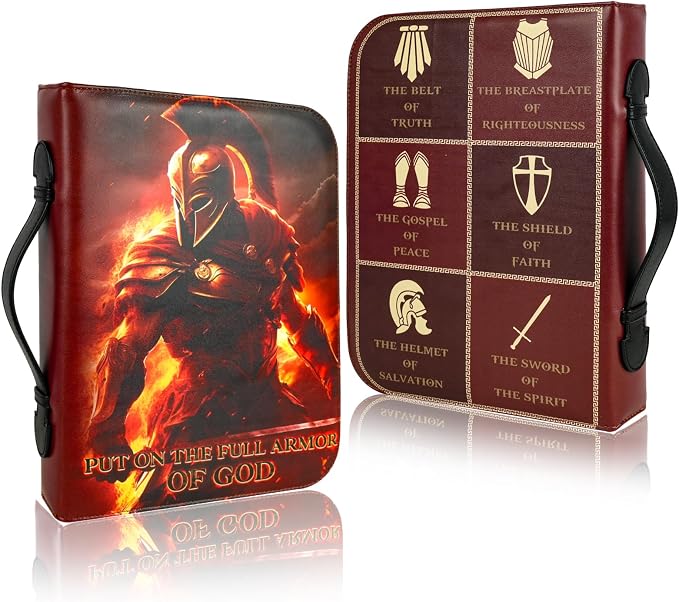 Armor of God Bible Cover Case for Boys Men, Leather Bible Carrying Case Bag with Shoulder Strap and Handle, Faith Warrior Christian Gifts for Men, XL