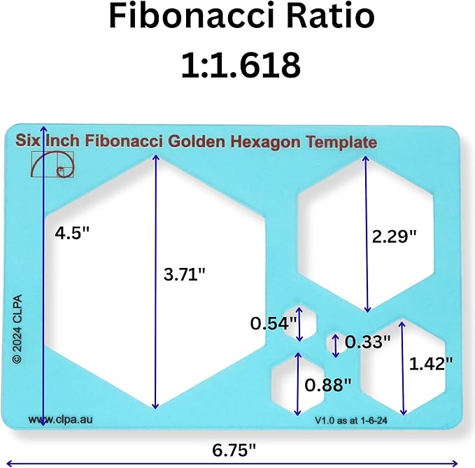 Fibonacci 3-Piece Template Set — 6" Triangle, Pentagon and Hexagon | Golden Ratio Drawing Tools | Fibonacci Art and Drafting Stencils | Clear PETG | Made in Australia