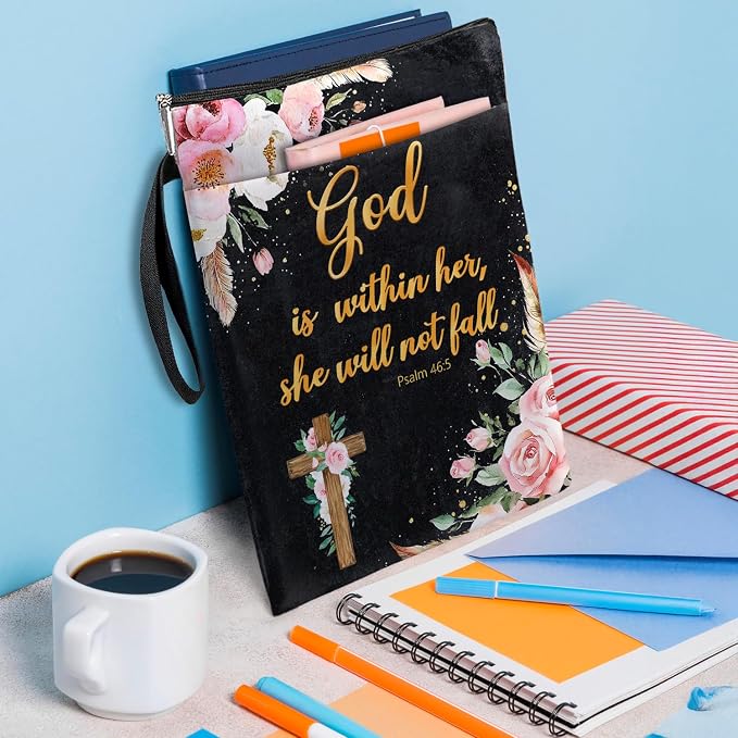 Christian Bible Verse Book Cover, Waterproof Book Sleeve with Zippered Front Pocket Retro Flowers Book Pouch for Book Lovers, Christmas, Birthday, Graduation Gifts (Black-GOD, Large)
