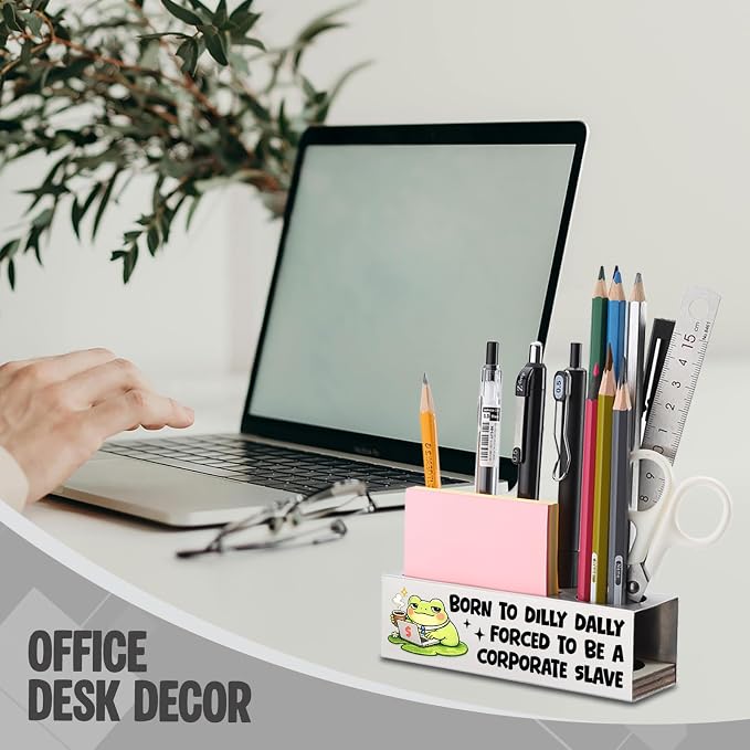 FOKCBOCM Funny Office Pen Holder with Frog Design, Stainless Steel Desk Organizer Gift for Coworker, Sarcastic Corporate Humor Workspace Decor, Work Life Joke Desk Accessory-DS115