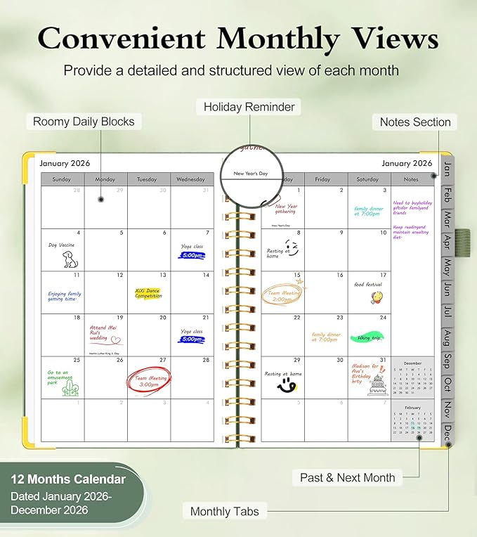 2026 Planner, Hardcover Leather Weekly and Monthly Planner, January 2026 - December 2026, Spiral Yearly Agenda Organizer Book 2026 with Tabs, Daily Calendar Planners for School Work Home, A5 (5.75" x 8.38"), Green