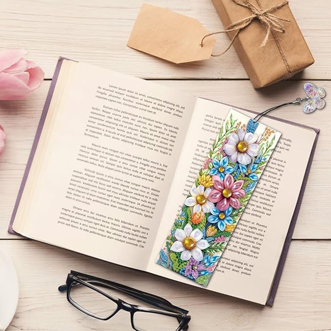 ARTopet 4Pcs DIY Diamond Art Painting Bookmarks with Colorful Butterfly Pendant PET Bookmark Ornament Double Sided Pattern Single Sided Diamond Book Marker Clip Gifts Tags-Flowers01