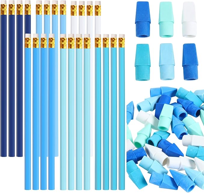 24sets/72pcs Wood-cased Blue Colored Pencils, Aesthetic #2 Eco Wooden Paper Pencils with 48 Pcs Top Erasers, Number 2 Unsharpened Pencil Bulk Gifts for Birthday Party Favors Writing Drawing Office