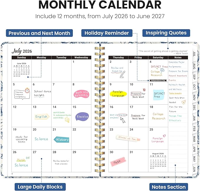 Planner 2026-2027, Monthly and Weekly Academic Planner July 2026 - June 2027, Hardcover Student Teacher Planning Agenda Calendar Book with Tabs, Perfect for Office School Supplies, A4 (8.5" x 11") - Porcelain Bloom